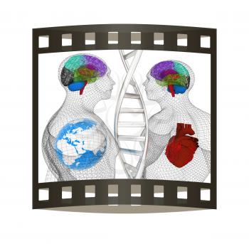 3D medical background with DNA strands and wire human body model with heart and brain in x-ray. Global medical concept with Earth. 3d render. Film strip.