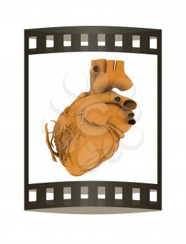 Yellow human heart. 3d illustration. Film strip.