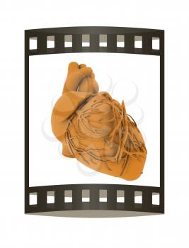Yellow human heart. 3d illustration. Film strip.