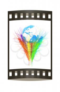 Colorfull ears of wheat and Earth. Symbol that depicts prosperity, wealth and abundance.. Film strip.