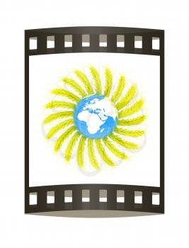 3D illustration of a yellow wreath made of wheat spikelets with Earth. Design element. 3d render. Film strip.