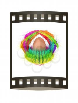 Colored basket of the ears of wheat with eggs. Traditional Easter attributes.  3d render. Film strip.