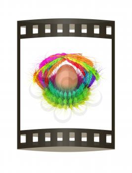 Colored basket of the ears of wheat with eggs. Traditional Easter attributes.  3d render. Film strip.