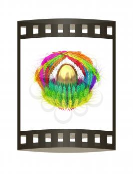 Colored basket of the ears of wheat with golden eggs. Traditional Easter attributes. 3d render. Film strip.
