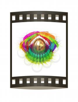 Colored basket of the ears of wheat with golden eggs. Traditional Easter attributes. 3d render. Film strip.
