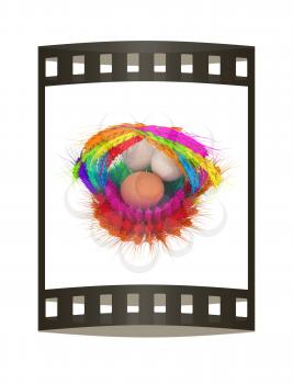 Colored basket of the ears of wheat with eggs. 3d render. Film strip.