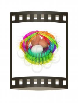 Colored basket of the ears of wheat with eggs. 3d render. Film strip.