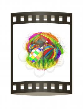 Colored basket of the ears of wheat with Easter eggs. 3d render. Film strip.