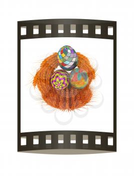 Colored basket of the ears of wheat with Easter eggs. 3d render. Film strip.