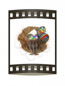 Basket of the golden ears of wheat with Easter eggs. 3d render. Film strip.