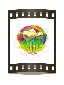 Golden Heart in colored basket of the ears of wheat. Wedding concept. 3d render. Film strip.
