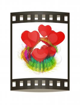 Heart in colored basket of the ears of wheat. Wedding concept. 3d render. Film strip.