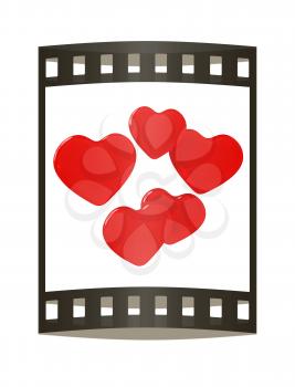Red hearts. 3d render. Film strip.