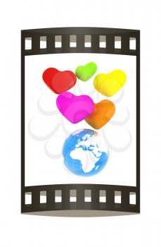 Colored hearts and Earth. 3d render. Film strip.