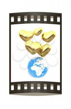 Golden hearts and Earth. 3d render. Film strip.