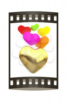Colored hearts. 3d render. Film strip.
