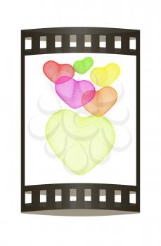 Colored hearts. 3d render. Film strip.