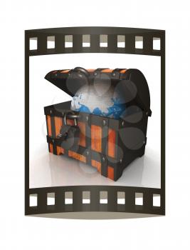 Earth in wood chest. Original global ecology concept of saved Earth. 3d illustration. Film strip.