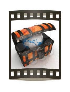 Earth in wood chest. Original global ecology concept of saved Earth. 3d illustration. Film strip.