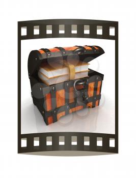 Leather Books in a Chest. 3d render. Film strip.