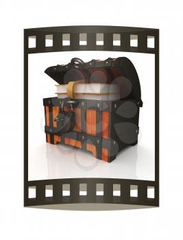 Leather Books in a Chest. 3d render. Film strip.