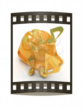 Music notes and hard hat. 3d render. Film strip.