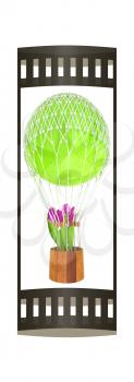 Hot Air Balloon and tulips in a basket. 3d render