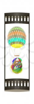 Hot Colored Air Balloon with a basket of multicolored wheat and Easter eggs inside. 3d render
