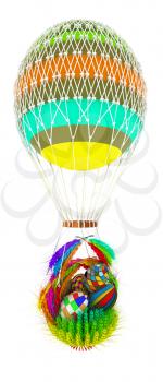 Hot Colored Air Balloon with a basket of multicolored wheat and Easter eggs inside. 3d render