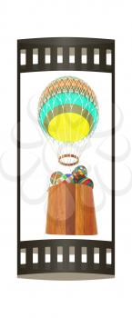 Hot Colored Air Balloon with a basket and Easter eggs inside. 3d render