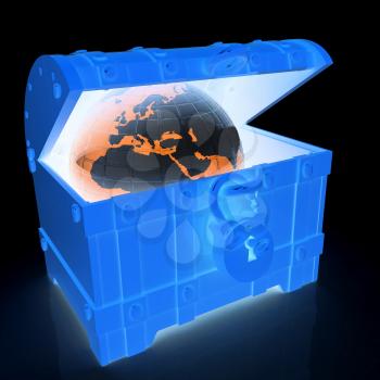 Earth in a chest. 3d illustration. On a black background.