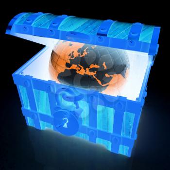 Earth in a chest. 3d illustration. On a black background.