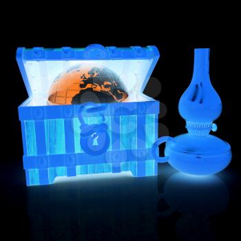 Earth in a chest and kerosene lamp. 3d illustration. On a black background.