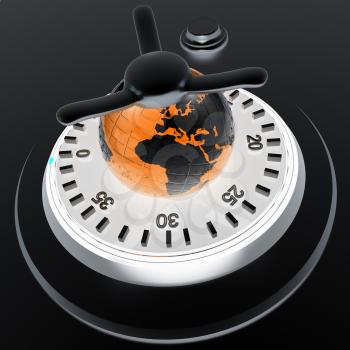 Earth and safe. Global bancing online concept of money saving. 3d render. On a black background.