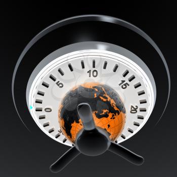 Earth and safe. Global bancing online concept of money saving. 3d render. On a black background.