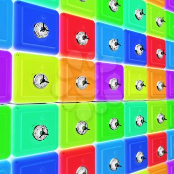 Many colorful safes. 3d render. On a black background.