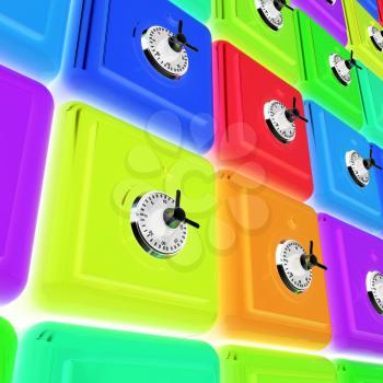 Many colorful safes. 3d render. On a black background.