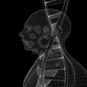 3D medical background with DNA strands and human. 3d render. On a black background.