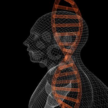 3D medical background with DNA strands and human. 3d render. On a black background.