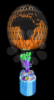 Hot Air Balloon of Earth with a basket, Easter eggs inside and tulips. 3d render. On a black background.