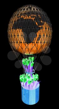 Hot Air Balloon of Earth and tulips in a basket. 3d render. On a black background.