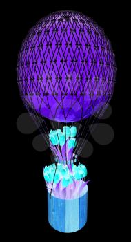Hot Colored Air Balloon and tulips in a basket. 3d render. On a black background.