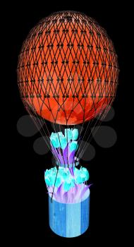 Hot Colored Air Balloon and tulips in a basket. 3d render. On a black background.