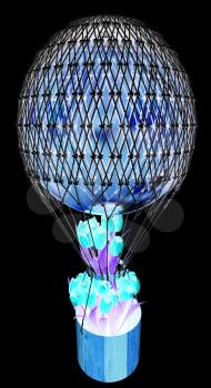 Hot Golden Air Balloon and tulips in a gold basket. 3d render. On a black background.