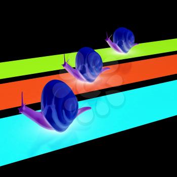 Racing snails. 3D illustration. On a black background.