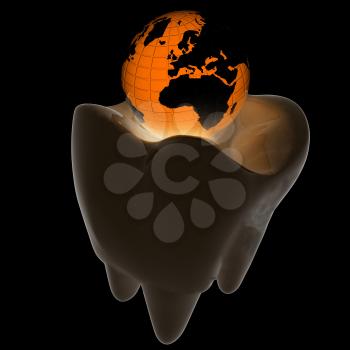 Tooth and Earth. 3d illustration. On a black background.