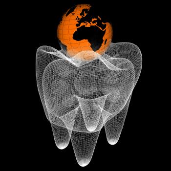 Tooth and Earth. Mesh model. 3d illustration. On a black background.