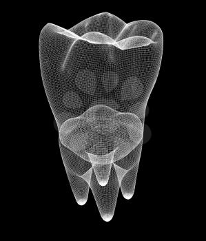 Mesh model of tooth. 3d illustration. On a black background.