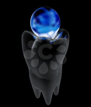 Tooth and sphere. 3d illustration. On a black background.
