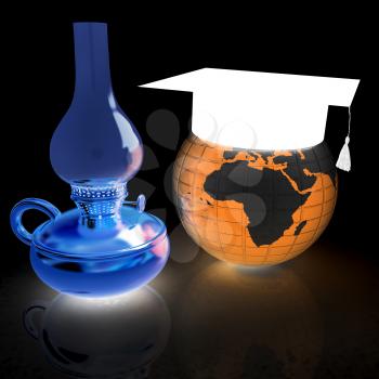 Earth, kerosene lamp and graduation hat. 3d render. On a black background.